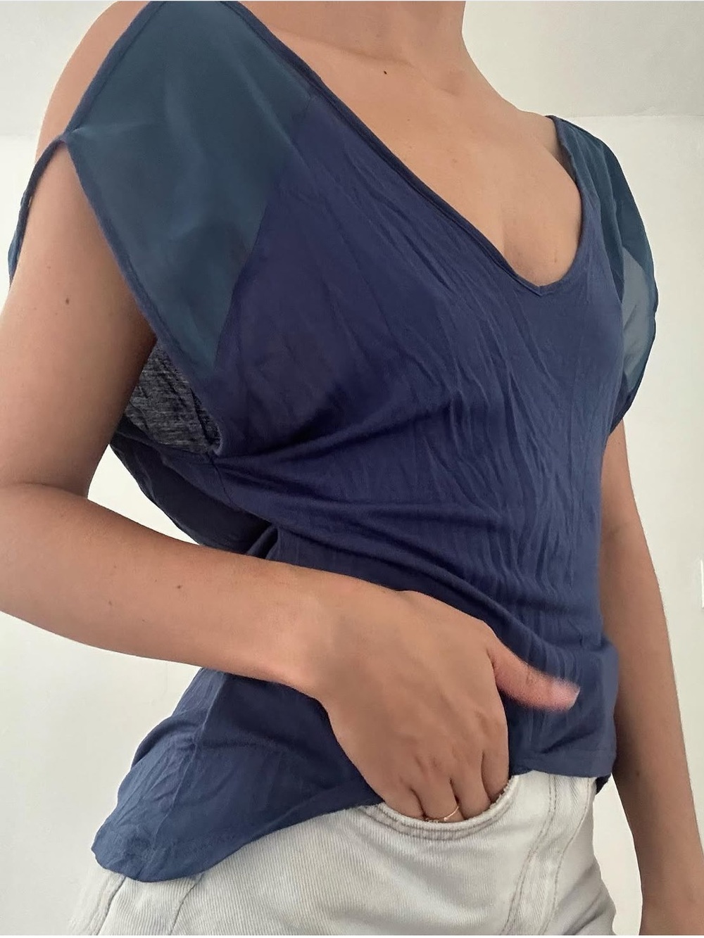 Deep Blue V-Neck Short Sleeve Blouse
